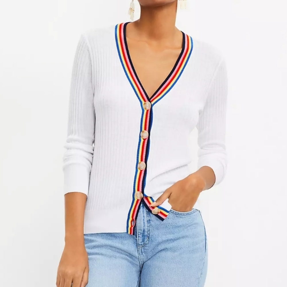 LOFT White Cardigan with Multicolor Trim